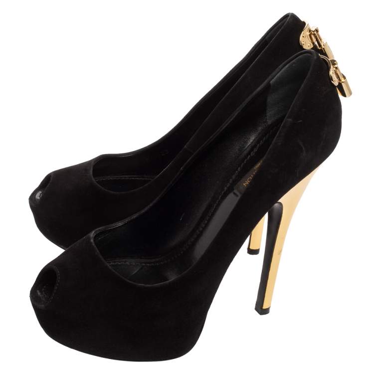 Pre Owned Louis Vuitton Black Suede Oh Really! Peep-Toe Platform Pumps Size 38