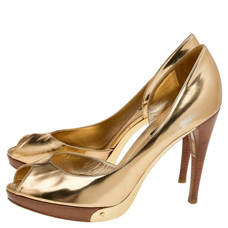 Pre Owned Louis Vuitton Metallic Gold Leather D'orsay Platform Pumps Size 38.5