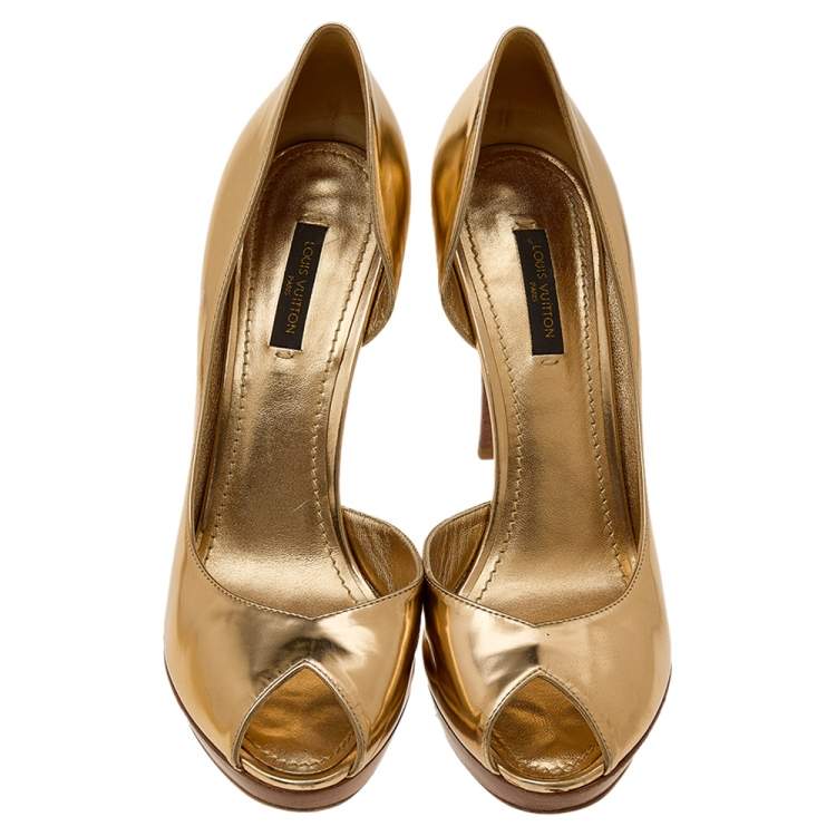 Pre Owned Louis Vuitton Metallic Gold Leather D'orsay Platform Pumps Size 38.5