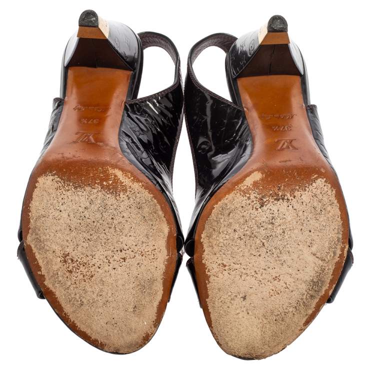 Pre Owned Louis Vuitton Black Monogram Vernis Patent Slingback Sandals Size 37.5