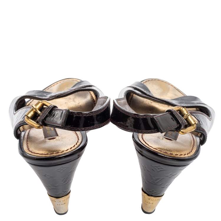 Pre Owned Louis Vuitton Black Monogram Vernis Patent Slingback Sandals Size 37.5