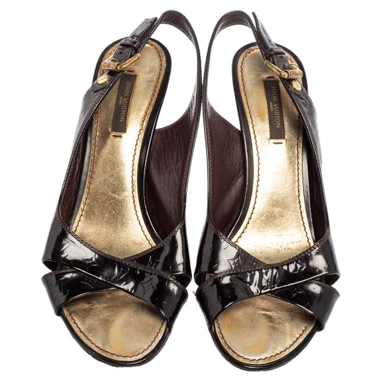 Pre Owned Louis Vuitton Black Monogram Vernis Patent Slingback Sandals Size 37.5