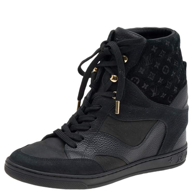 Louis Vuitton Black Monogram Suede Wedge Ankle Boots Size 36.5