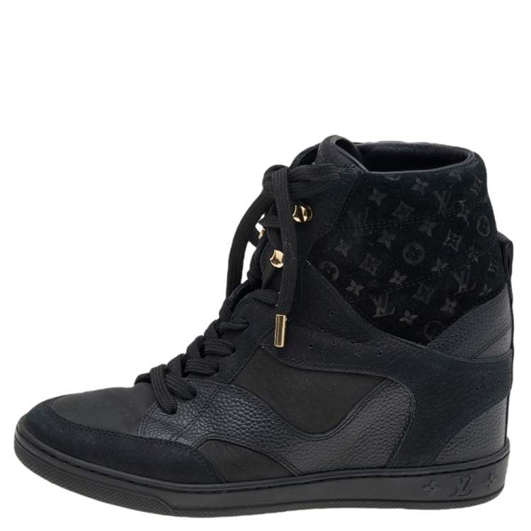 Louis Vuitton Black Leather And Embossed Monogram Suede Millenium Wedge  Sneakers Size 36 Louis Vuitton