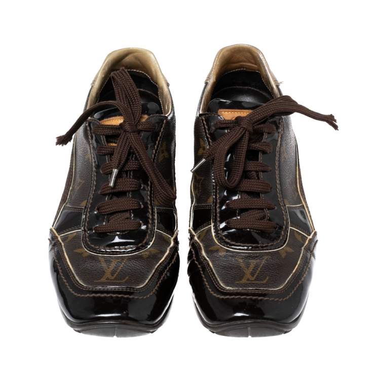 Pre Owned Louis Vuitton Monogram Canvas, Patent Leather and Suede Globe Trotter Sneakers Size 38