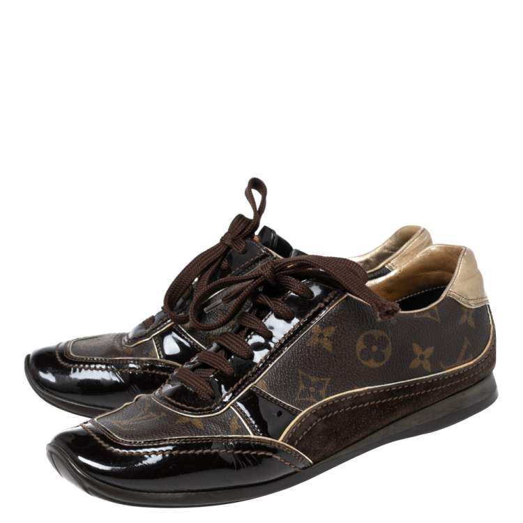 Pre Owned Louis Vuitton Monogram Canvas, Patent Leather and Suede Globe Trotter Sneakers Size 38