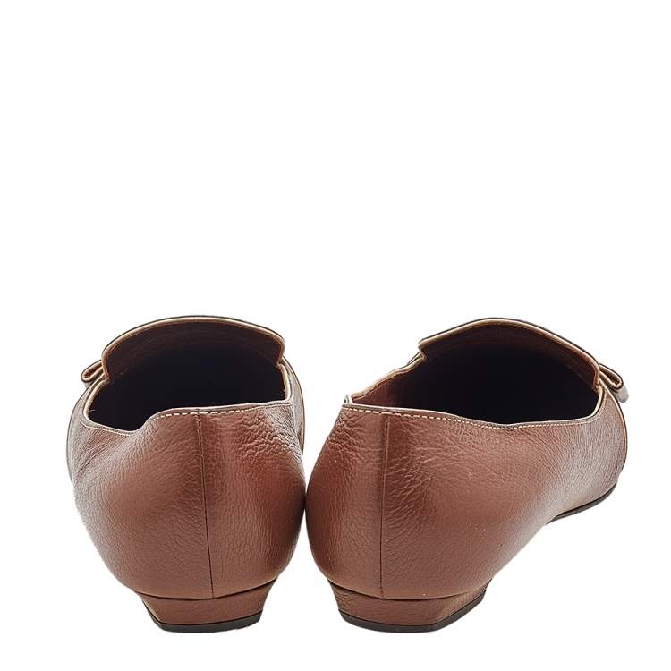 Pre Owned Louis Vuitton Brown Leather Logo Embellished Ballet Flats Size 38.5