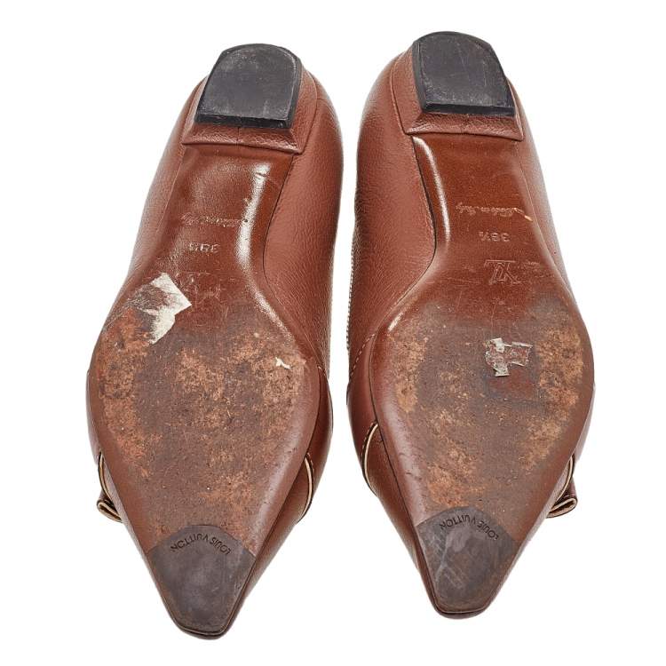 Pre Owned Louis Vuitton Brown Leather Logo Embellished Ballet Flats Size 38.5