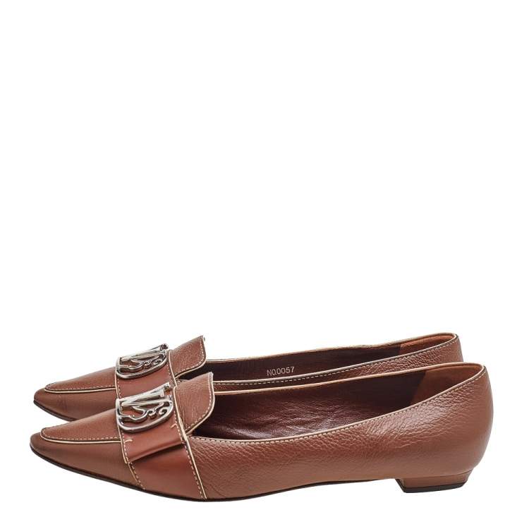 Pre Owned Louis Vuitton Brown Leather Logo Embellished Ballet Flats Size 38.5