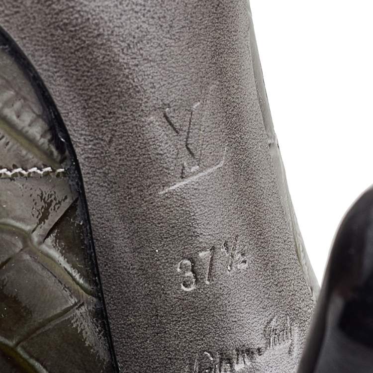 Pre Owned Louis Vuitton Olive Green Croc Embossed Patent Leather Ankle Booties Size 37.5