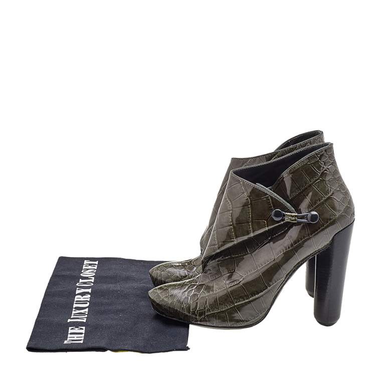Pre Owned Louis Vuitton Olive Green Croc Embossed Patent Leather Ankle Booties Size 37.5
