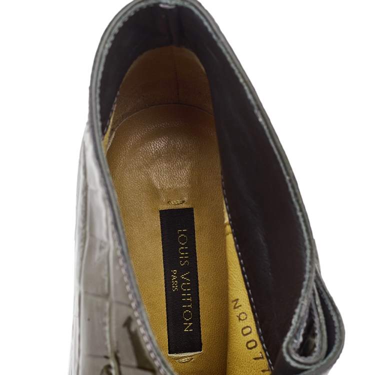 Pre Owned Louis Vuitton Olive Green Croc Embossed Patent Leather Ankle Booties Size 37.5