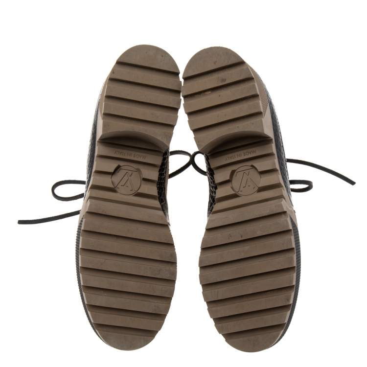 Pre Owned Louis Vuitton Tri-Color Suede, Monogram Canvas and Croc Embossed Leather Laureate Platform Desert Boots Size 40