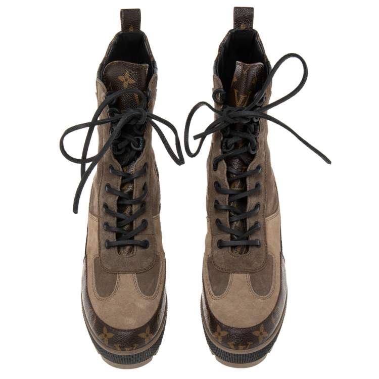 Pre Owned Louis Vuitton Tri-Color Suede, Monogram Canvas and Croc Embossed Leather Laureate Platform Desert Boots Size 40