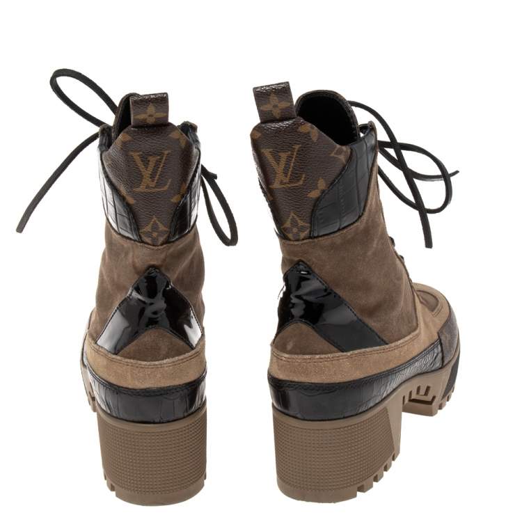 Pre Owned Louis Vuitton Tri-Color Suede, Monogram Canvas and Croc Embossed Leather Laureate Platform Desert Boots Size 40