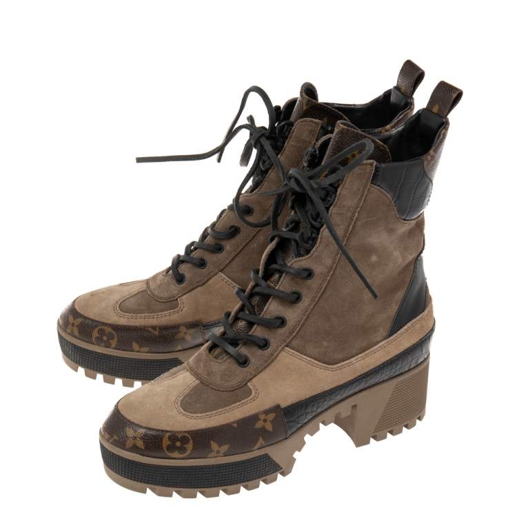 Pre Owned Louis Vuitton Tri-Color Suede, Monogram Canvas and Croc Embossed Leather Laureate Platform Desert Boots Size 40