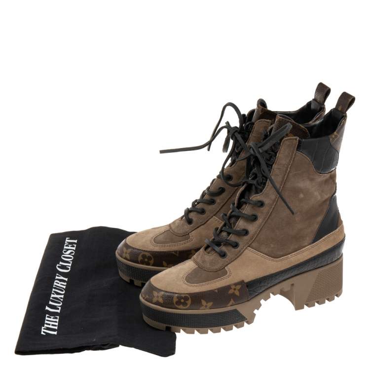 Pre Owned Louis Vuitton Tri-Color Suede, Monogram Canvas and Croc Embossed Leather Laureate Platform Desert Boots Size 40
