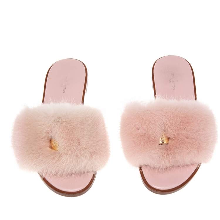 Pre Owned Louis Vuitton Pink Mink Fur Lock It Flat Slides Size 36