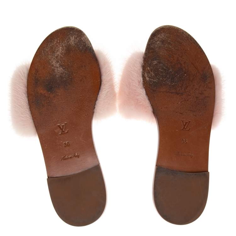Pre Owned Louis Vuitton Pink Mink Fur Lock It Flat Slides Size 36