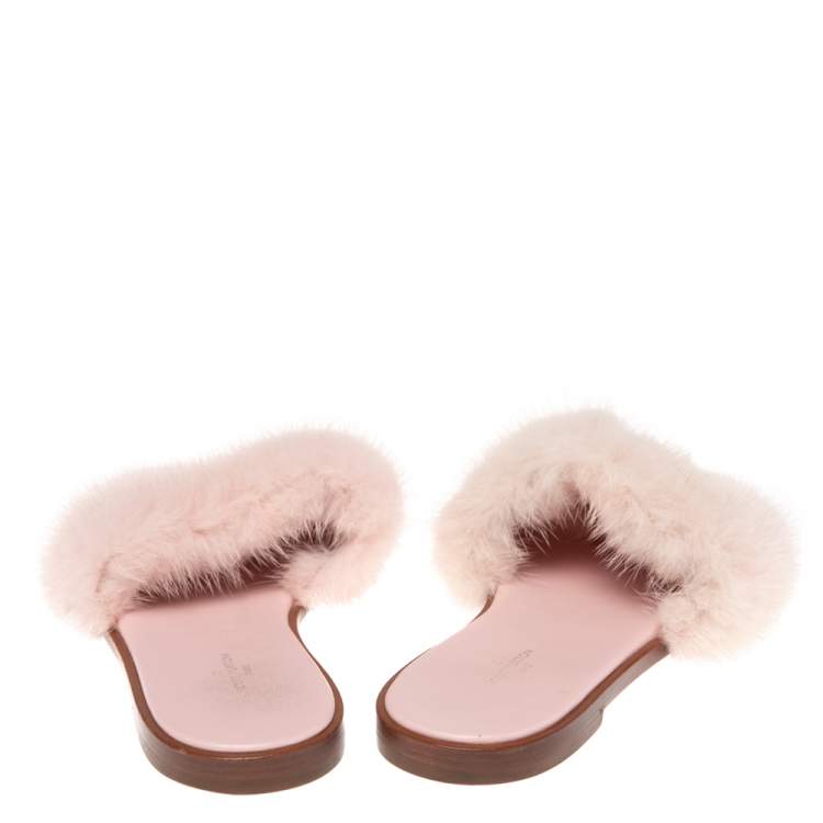 Pre Owned Louis Vuitton Pink Mink Fur Lock It Flat Slides Size 36