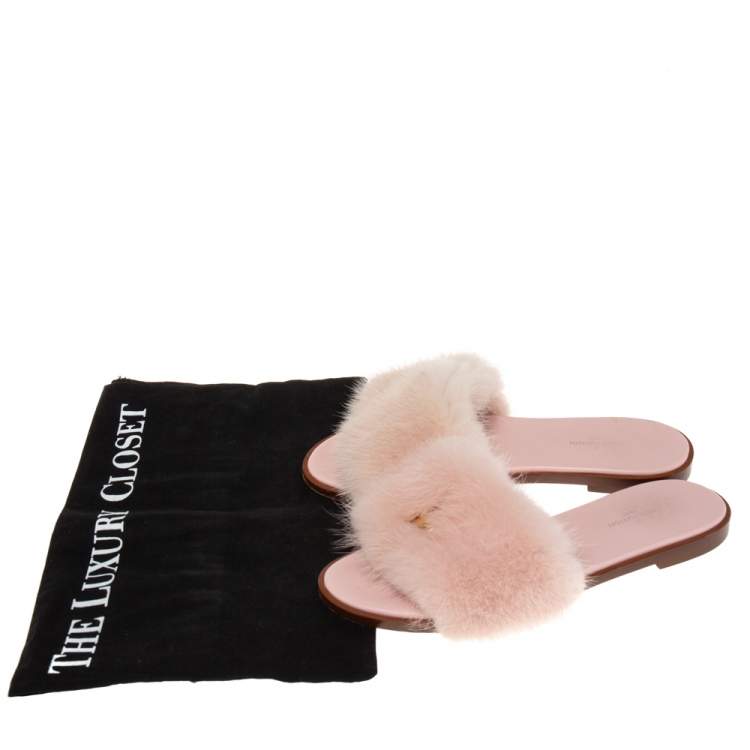 Pre Owned Louis Vuitton Pink Mink Fur Lock It Flat Slides Size 36
