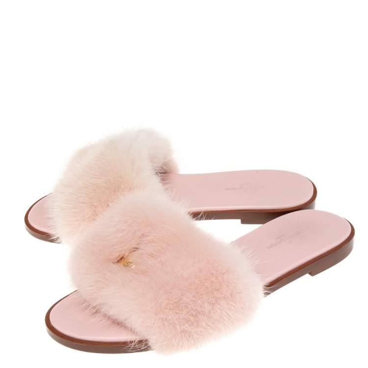 Pre Owned Louis Vuitton Pink Mink Fur Lock It Flat Slides Size 36