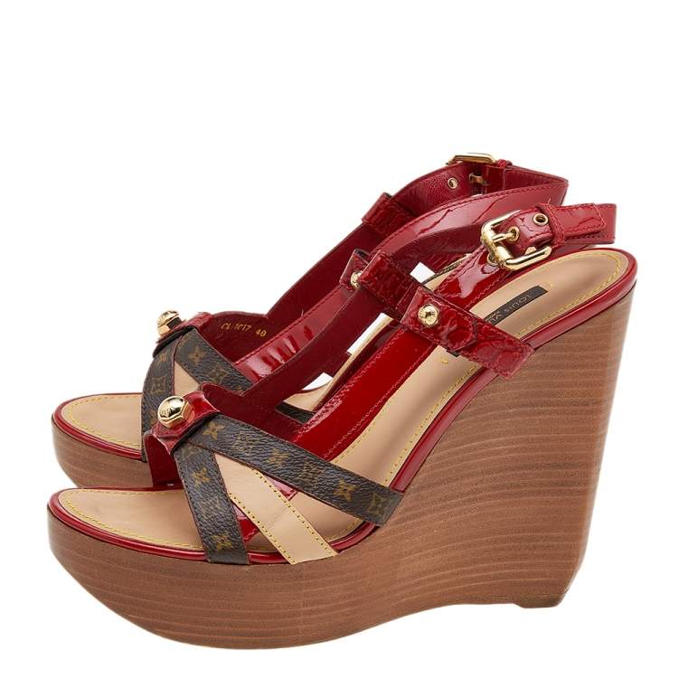 Pre Owned Louis Vuitton Red/Brown Patent Leather And Monogram Canvas Wedge Platform Sandals Size 40