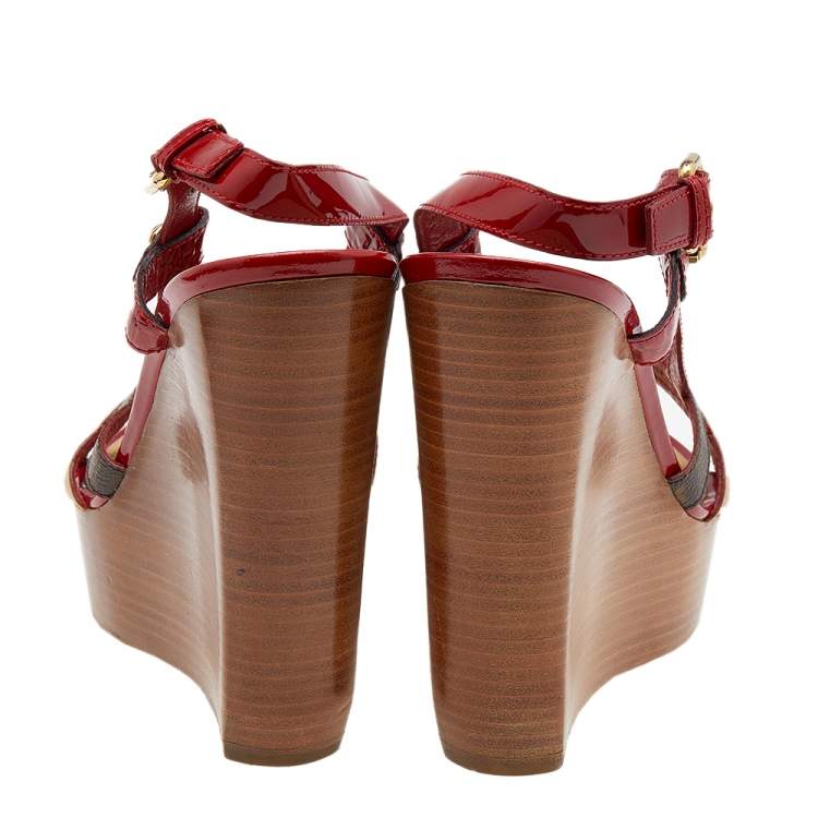 Pre Owned Louis Vuitton Red/Brown Patent Leather And Monogram Canvas Wedge Platform Sandals Size 40
