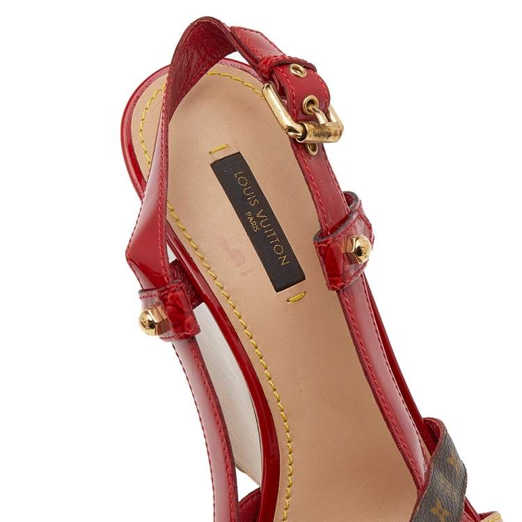 Pre Owned Louis Vuitton Red/Brown Patent Leather And Monogram Canvas Wedge Platform Sandals Size 40