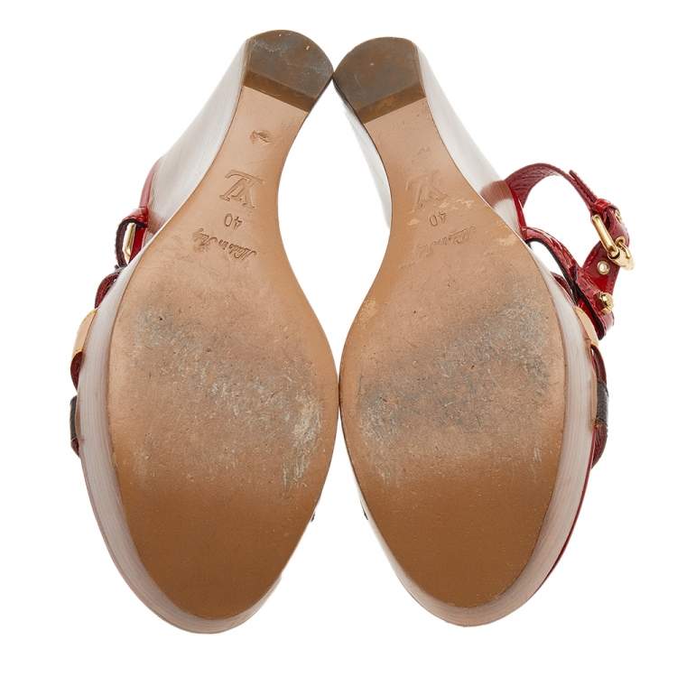 Pre Owned Louis Vuitton Red/Brown Patent Leather And Monogram Canvas Wedge Platform Sandals Size 40