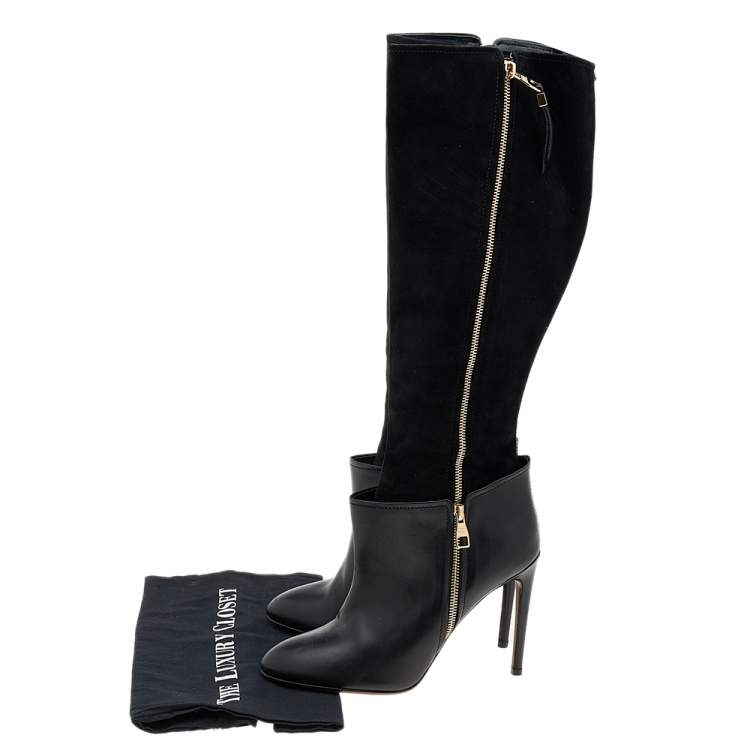 Pre Owned Louis Vuitton Black Leather And Suede Knee Length Boots Size 39.5