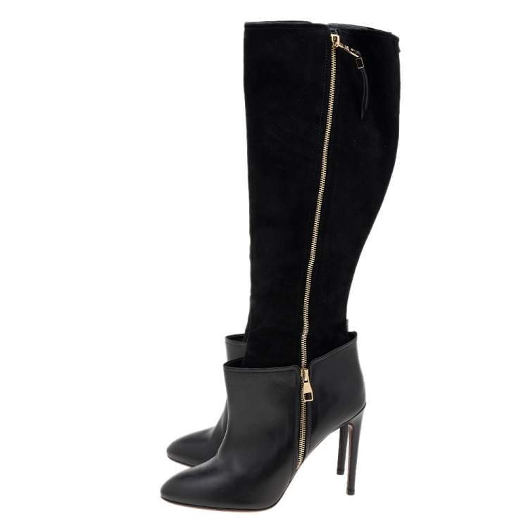 Pre Owned Louis Vuitton Black Leather And Suede Knee Length Boots Size 39.5