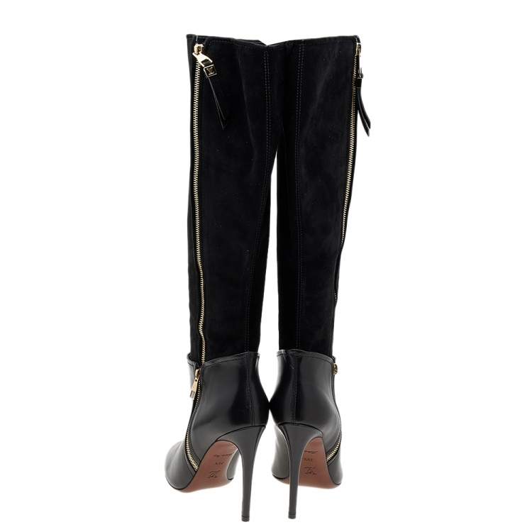 Pre Owned Louis Vuitton Black Leather And Suede Knee Length Boots Size 39.5