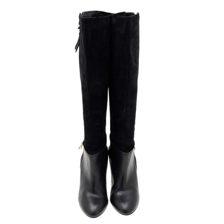 Pre Owned Louis Vuitton Black Leather And Suede Knee Length Boots Size 39.5