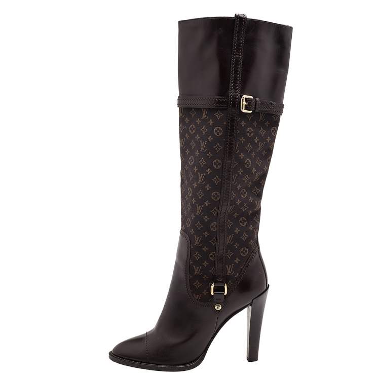 Gucci NEW Monogram Canvas Brown Leather Tie Logo Tall Thigh High Boots in  Box