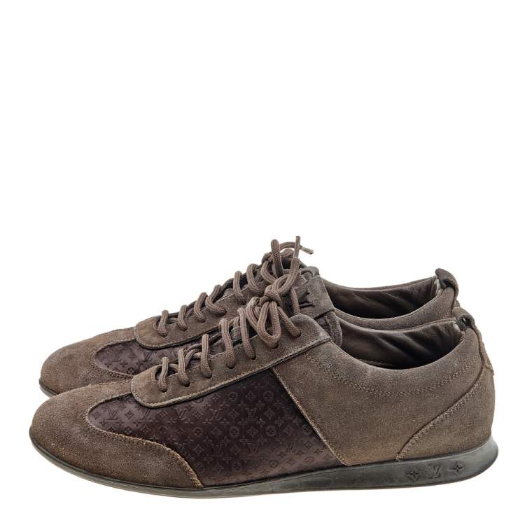 Pre Owned Louis Vuitton Brown Suede And Monogram Satin Low Top Sneakers Size 37.5