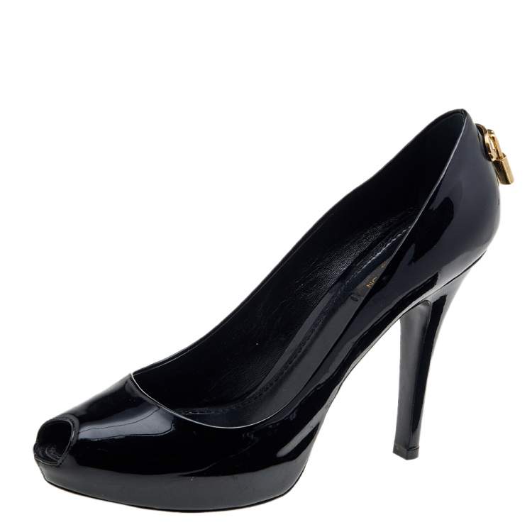 Louis Vuitton Black Patent Leather Oh Really! Peep Toe Pumps Size 38.5 ...