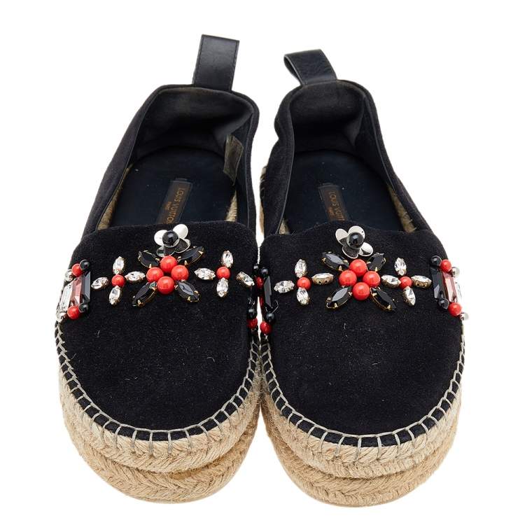 Pre Owned Louis Vuitton Black Suede Frontier Embellished Espadrille Flats Size 37