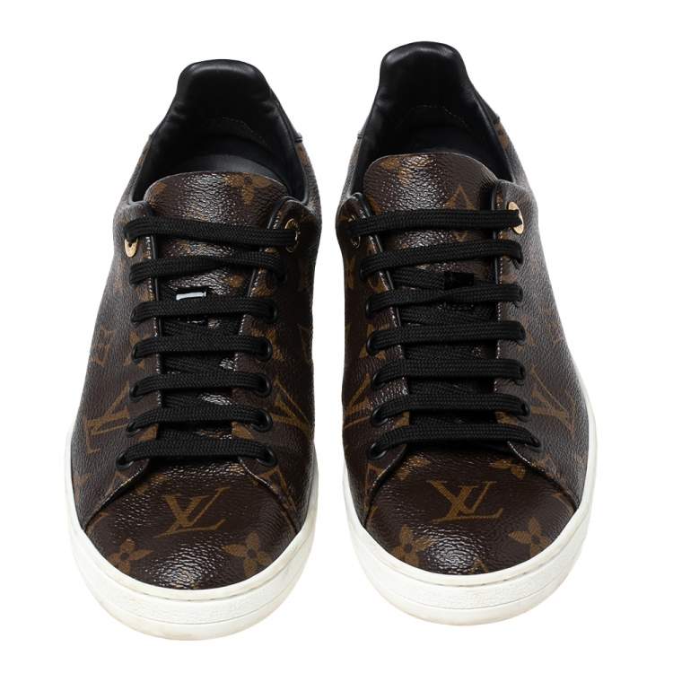 Pre Owned Louis Vuitton Brown/Black Monogram Canvas and Patent Leather Frontrow Sneakers Size 38