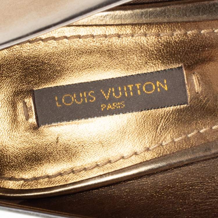 Pre Owned Louis Vuitton Gold/Black Patent and Snakeskin Leather Open-Toe Pumps Size 39