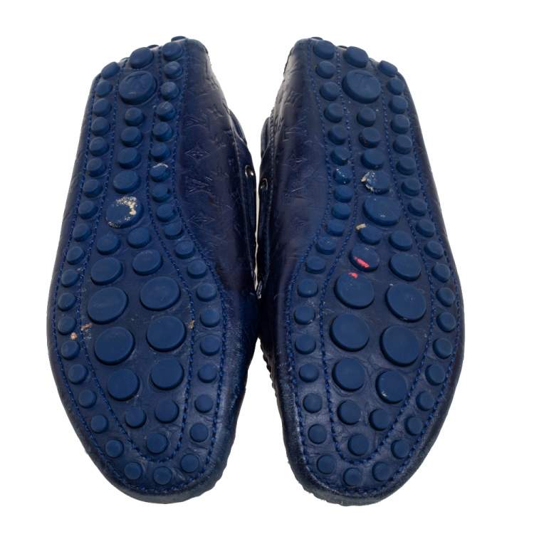 Pre Owned Louis Vuitton Navy Blue Monogram Empreinte Leather Gloria Loafers Size 36.5