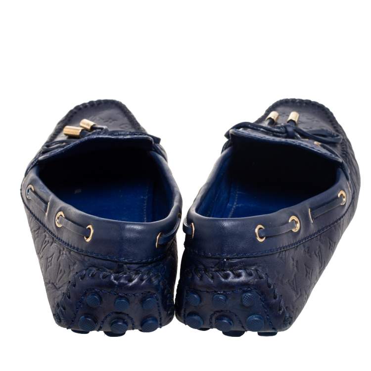 Pre Owned Louis Vuitton Navy Blue Monogram Empreinte Leather Gloria Loafers Size 36.5