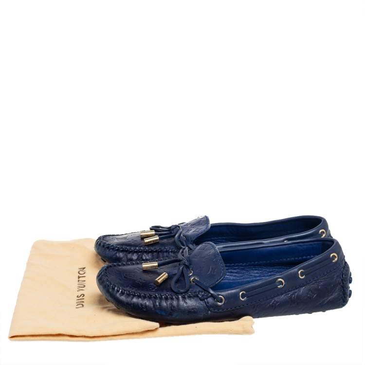 Pre Owned Louis Vuitton Navy Blue Monogram Empreinte Leather Gloria Loafers Size 36.5