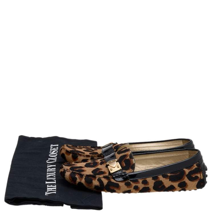 Pre Owned Louis Vuitton Brown Leopard Calf Hair And Patent Leather Slip On Loafers Size 38
