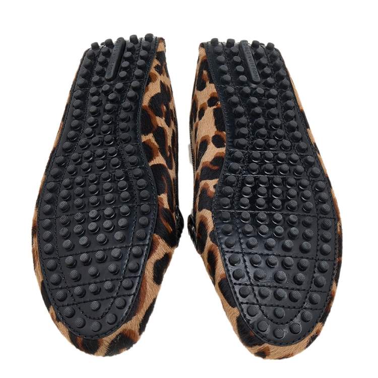 Pre Owned Louis Vuitton Brown Leopard Calf Hair And Patent Leather Slip On Loafers Size 38