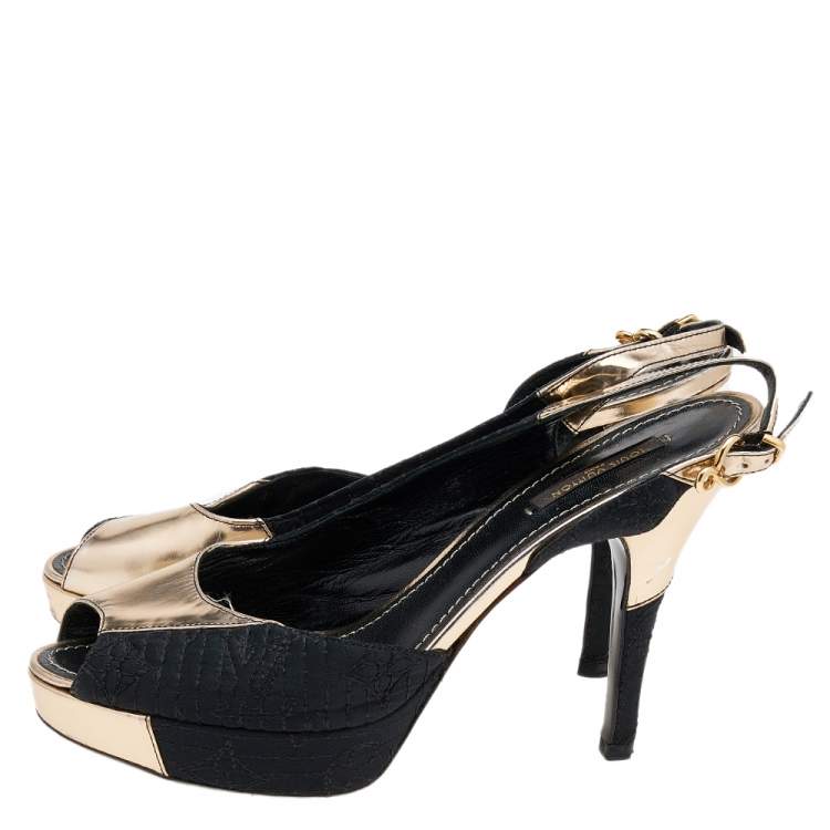 Pre Owned Louis Vuitton Black/Gold Satin And Leather Motard Piccadilly Slingback Sandals Size 38