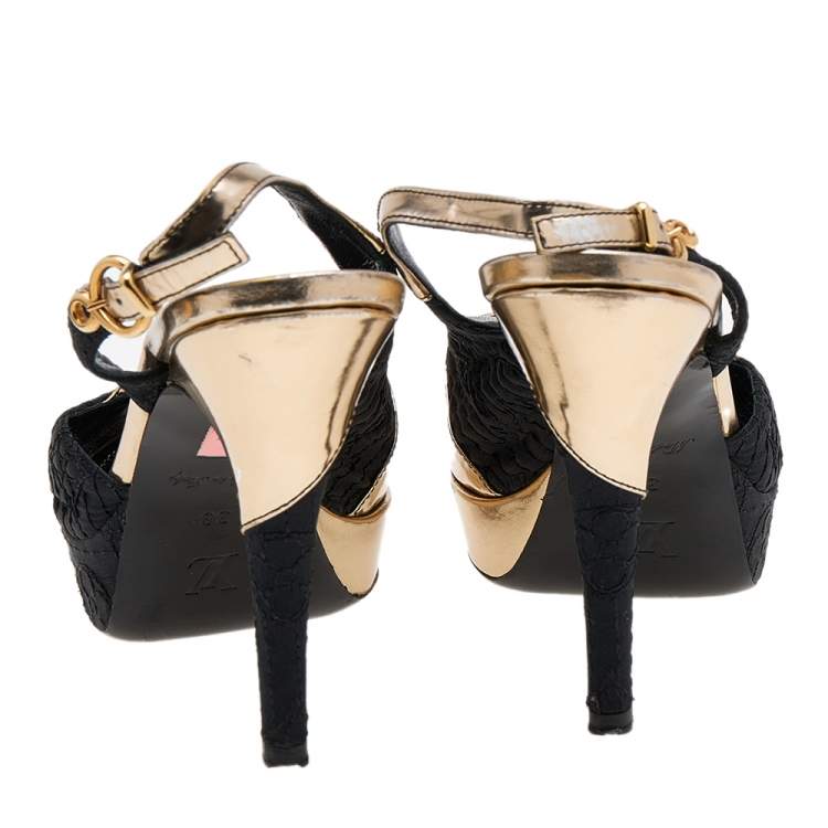 Pre Owned Louis Vuitton Black/Gold Satin And Leather Motard Piccadilly Slingback Sandals Size 38