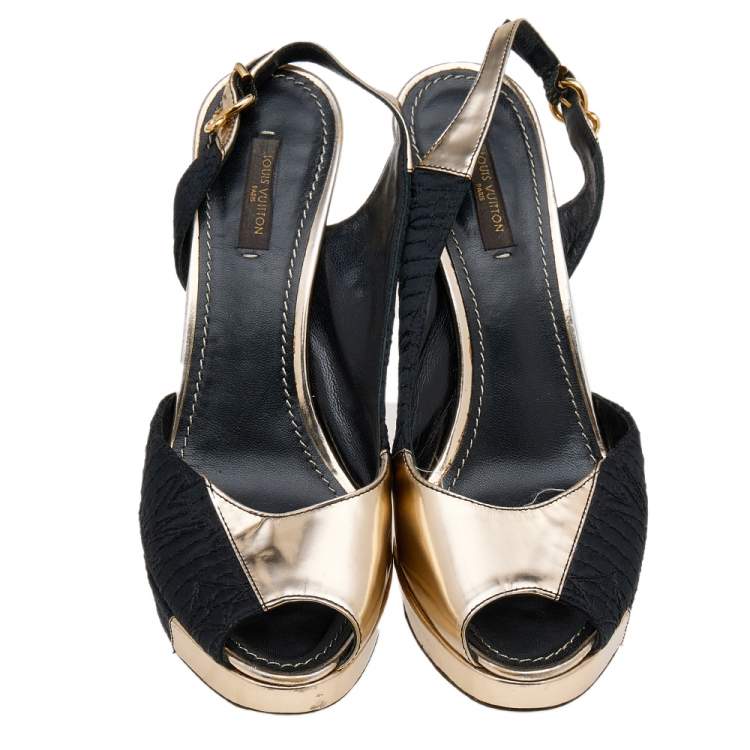 Pre Owned Louis Vuitton Black/Gold Satin And Leather Motard Piccadilly Slingback Sandals Size 38