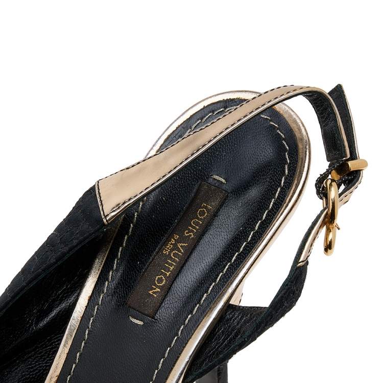 Pre Owned Louis Vuitton Black/Gold Satin And Leather Motard Piccadilly Slingback Sandals Size 38