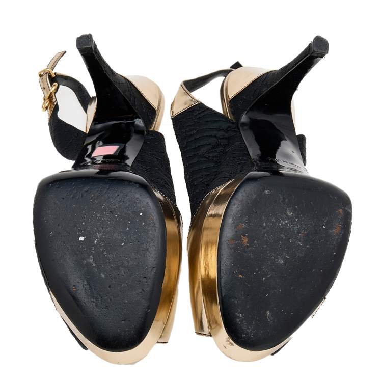 Pre Owned Louis Vuitton Black/Gold Satin And Leather Motard Piccadilly Slingback Sandals Size 38